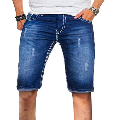 Pantaloni drepți elastici din denim pentru bărbați noi de vară Pantaloni casual slim fit cu buzunare Pantaloni scurți din denim cu găuri pentru bărbați