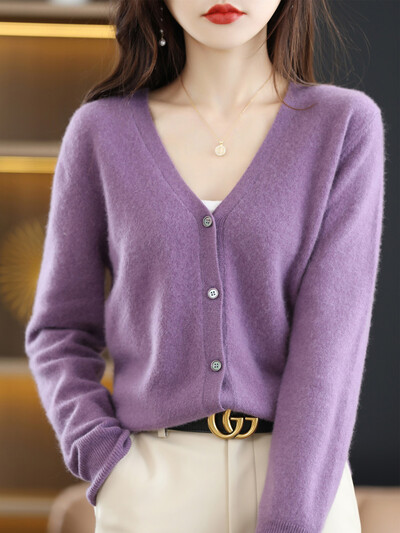 2024 Cardigane pentru femei, cu mânecă lungă, îmbrăcăminte exterioară tricotată, solidă, subțire, de primăvară, de toamnă, tricotaje cu decolteu în V, cardigane de modă coreeană
