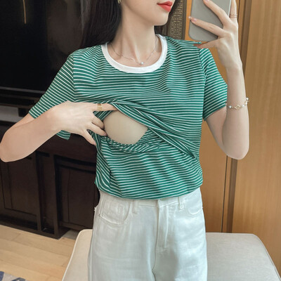 Csíkos mellnyitó, szoptató póló kismama ruházat terhes nők számára 1006