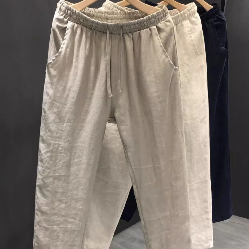 Jarné jesenné nové módne bavlnené konope jednofarebné elastické pánske oblečenie v páse ležérne vrecko so sťahovacou šnúrkou jednoduchosť rovné nohavice