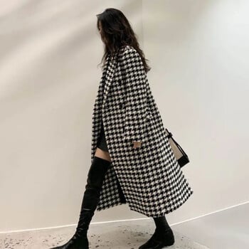 Μόδα Houndstooth από ψεύτικο μαλλί Γυναικείο μπουφάν Φθινοπωρινό Κορεάτικο Κομψό Μονό Στήθος Μακρύ Πανωφόρι Χειμερινό Παχύ Ζεστό Μείγμα Πανωφόρι