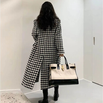 Μόδα Houndstooth από ψεύτικο μαλλί Γυναικείο μπουφάν Φθινοπωρινό Κορεάτικο Κομψό Μονό Στήθος Μακρύ Πανωφόρι Χειμερινό Παχύ Ζεστό Μείγμα Πανωφόρι