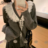 Cardigan Femei Pulover mozaic din dantelă cu decolteu în V Primăvara Toamnă 2021 Gri Kawaii Retro Tender Tricotat Design simplu Îmbrăcăminte exterioară