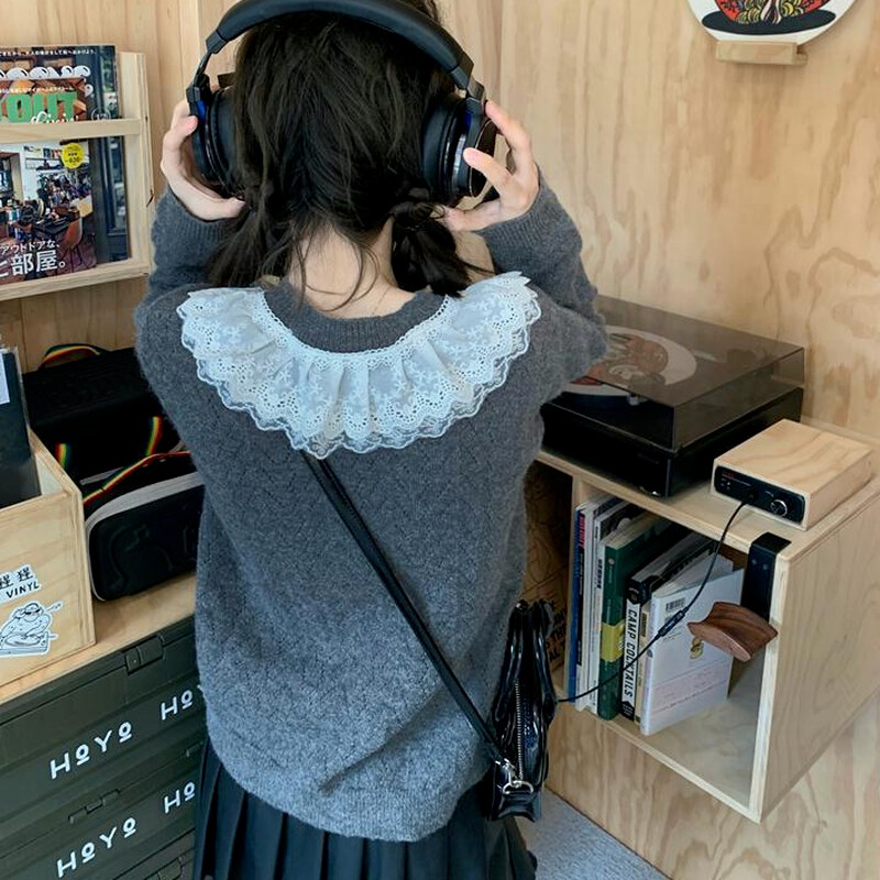 Cardigan Femei Pulover mozaic din dantelă cu decolteu în V Primăvara Toamnă 2021 Gri Kawaii Retro Tender Tricotat Design simplu Îmbrăcăminte exterioară