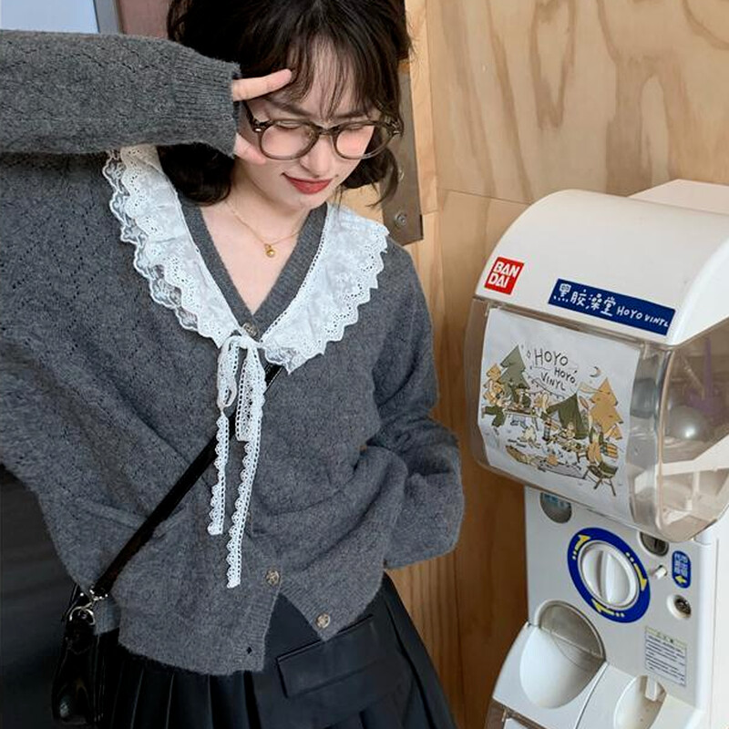 Cardigan Femei Pulover mozaic din dantelă cu decolteu în V Primăvara Toamnă 2021 Gri Kawaii Retro Tender Tricotat Design simplu Îmbrăcăminte exterioară