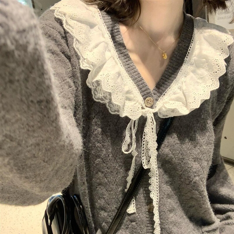 Cardigan Femei Pulover mozaic din dantelă cu decolteu în V Primăvara Toamnă 2021 Gri Kawaii Retro Tender Tricotat Design simplu Îmbrăcăminte exterioară