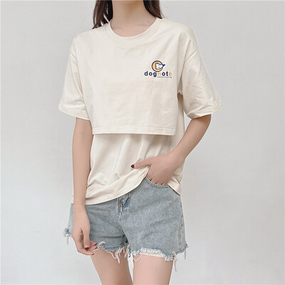 Tricou pentru alăptare cu imprimeu cu decolteu și vară, lejer, casual, pentru sarcină, cu mâneci scurte, culoare uni, haine de maternitate 2122