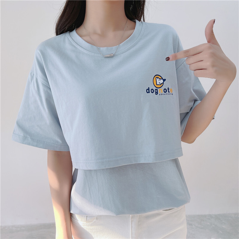 Tricou pentru alăptare cu imprimeu cu decolteu și vară, lejer, casual, pentru sarcină, cu mâneci scurte, culoare uni, haine de maternitate 2122