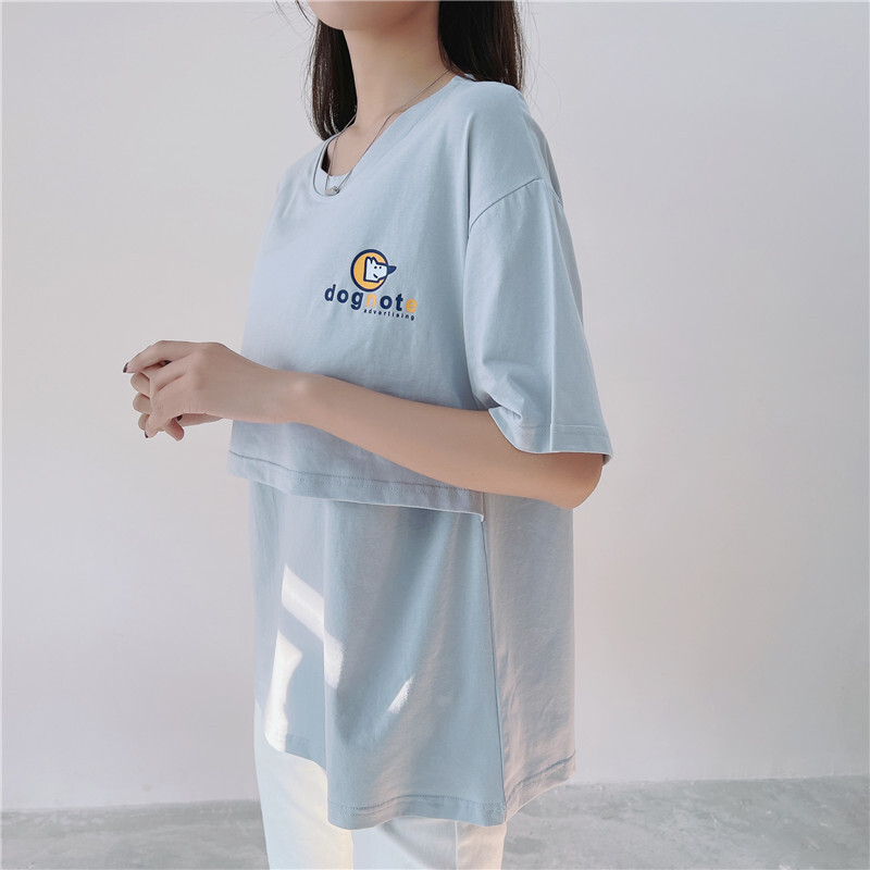 Tricou pentru alăptare cu imprimeu cu decolteu și vară, lejer, casual, pentru sarcină, cu mâneci scurte, culoare uni, haine de maternitate 2122