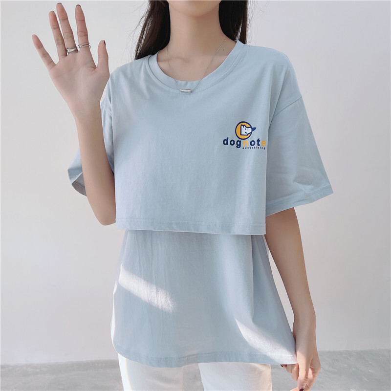 Tricou pentru alăptare cu imprimeu cu decolteu și vară, lejer, casual, pentru sarcină, cu mâneci scurte, culoare uni, haine de maternitate 2122