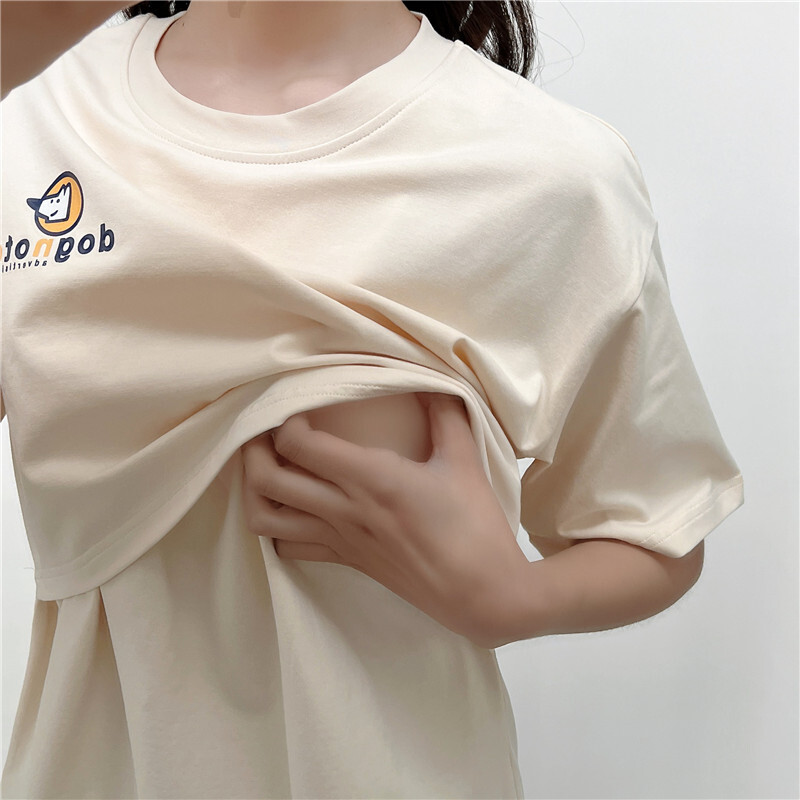 Tricou pentru alăptare cu imprimeu cu decolteu și vară, lejer, casual, pentru sarcină, cu mâneci scurte, culoare uni, haine de maternitate 2122