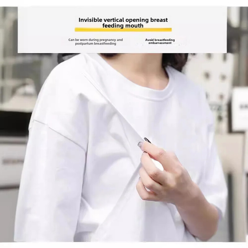 2022 m. naujos vasaros korėjietiškos versijos madingi krūtimi maitinantys marškinėliai, vidutinio ilgio trumpomis rankovėmis nėščioms moterims