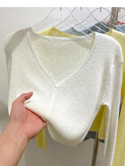 Korejski kardigan, ženski, tanki, ljetni, ležerni, jednobojni, ženstveni, otporni na sunce, pleteni s V-izrezom, slatki stil, slatke boje, osnovni, dnevni