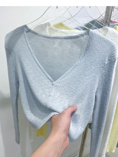 Korejski kardigan, ženski, tanki, ljetni, ležerni, jednobojni, ženstveni, otporni na sunce, pleteni s V-izrezom, slatki stil, slatke boje, osnovni, dnevni