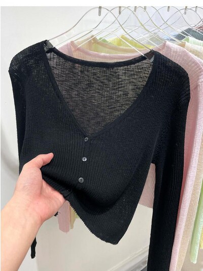 Korejski kardigan, ženski, tanki, ljetni, ležerni, jednobojni, ženstveni, otporni na sunce, pleteni s V-izrezom, slatki stil, slatke boje, osnovni, dnevni