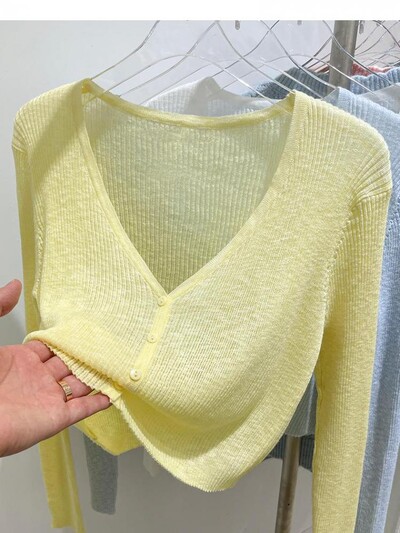 Korejski kardigan, ženski, tanki, ljetni, ležerni, jednobojni, ženstveni, otporni na sunce, pleteni s V-izrezom, slatki stil, slatke boje, osnovni, dnevni