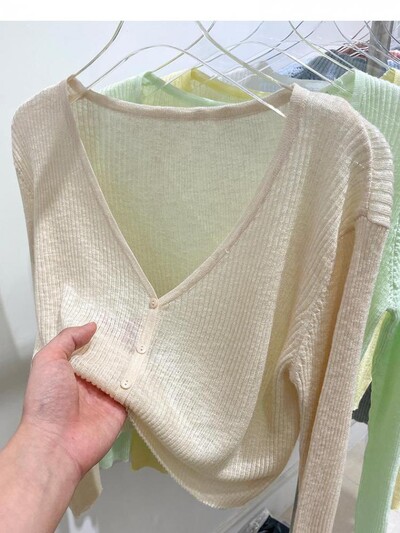 Korejski kardigan, ženski, tanki, ljetni, ležerni, jednobojni, ženstveni, otporni na sunce, pleteni s V-izrezom, slatki stil, slatke boje, osnovni, dnevni