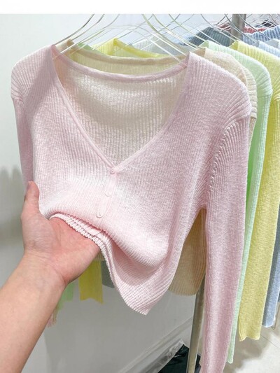 Korejski kardigan, ženski, tanki, ljetni, ležerni, jednobojni, ženstveni, otporni na sunce, pleteni s V-izrezom, slatki stil, slatke boje, osnovni, dnevni