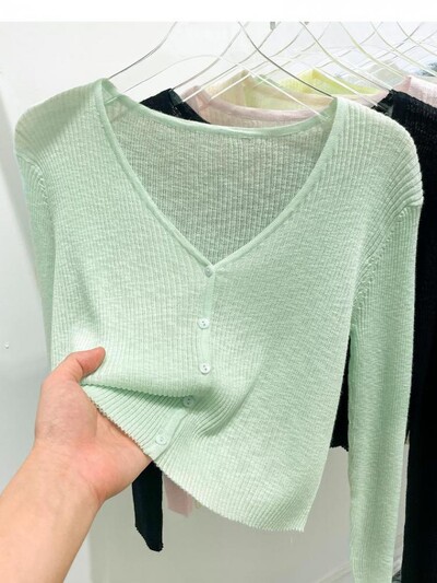 Korejski kardigan, ženski, tanki, ljetni, ležerni, jednobojni, ženstveni, otporni na sunce, pleteni s V-izrezom, slatki stil, slatke boje, osnovni, dnevni