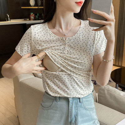 Tricou din bumbac pentru femeie după naștere de vară care alăptează Tricou și tricouri pentru alăptare din două piese din dantelă