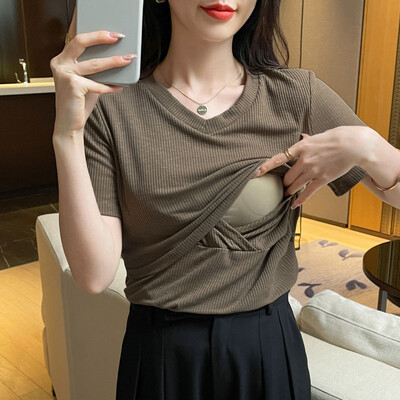 Tricou din bumbac pentru femeie după naștere de vară care alăptează Tricou și tricouri pentru alăptare din două piese din dantelă