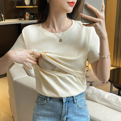 Tricou din bumbac pentru femeie după naștere de vară care alăptează Tricou și tricouri pentru alăptare din două piese din dantelă