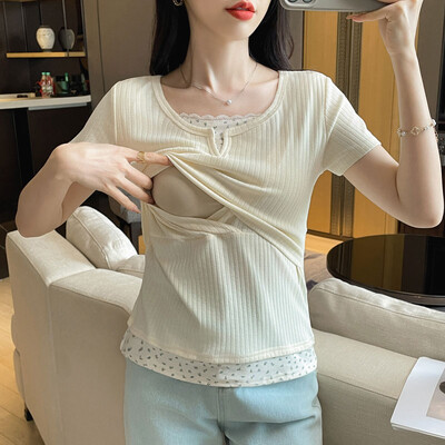 Tricou din bumbac pentru femeie după naștere de vară care alăptează Tricou și tricouri pentru alăptare din două piese din dantelă