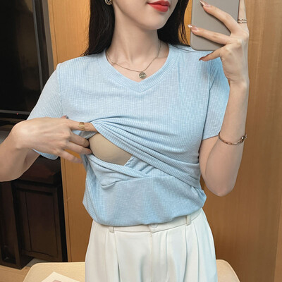 Tricou din bumbac pentru femeie după naștere de vară care alăptează Tricou și tricouri pentru alăptare din două piese din dantelă