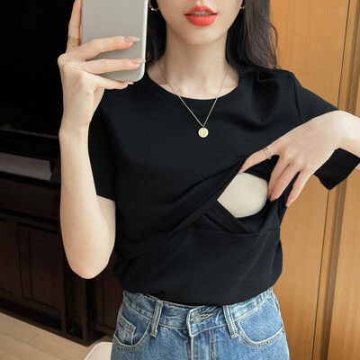 Tricou din bumbac pentru femeie după naștere de vară care alăptează Tricou și tricouri pentru alăptare din două piese din dantelă