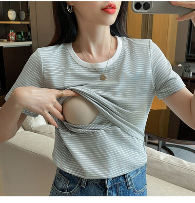 Tricou din bumbac pentru femeie după naștere de vară care alăptează Tricou și tricouri pentru alăptare din două piese din dantelă