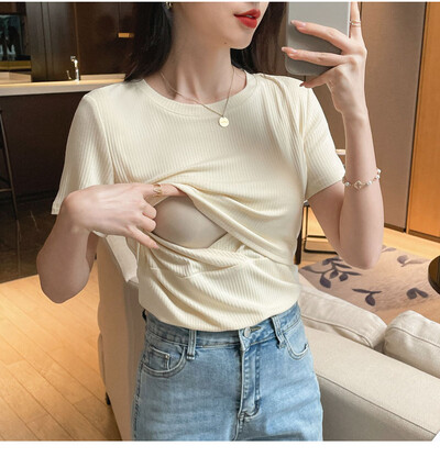 Tricou din bumbac pentru femeie după naștere de vară care alăptează Tricou și tricouri pentru alăptare din două piese din dantelă