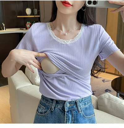 Tricou din bumbac pentru femeie după naștere de vară care alăptează Tricou și tricouri pentru alăptare din două piese din dantelă