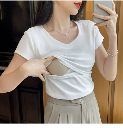 Tricou din bumbac pentru femeie după naștere de vară care alăptează Tricou și tricouri pentru alăptare din două piese din dantelă