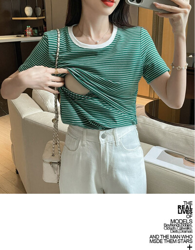 Tricou din bumbac pentru femeie după naștere de vară care alăptează Tricou și tricouri pentru alăptare din două piese din dantelă