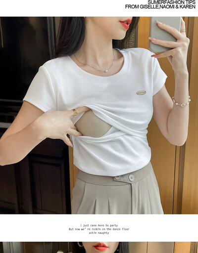 Tricou din bumbac pentru femeie după naștere de vară care alăptează Tricou și tricouri pentru alăptare din două piese din dantelă