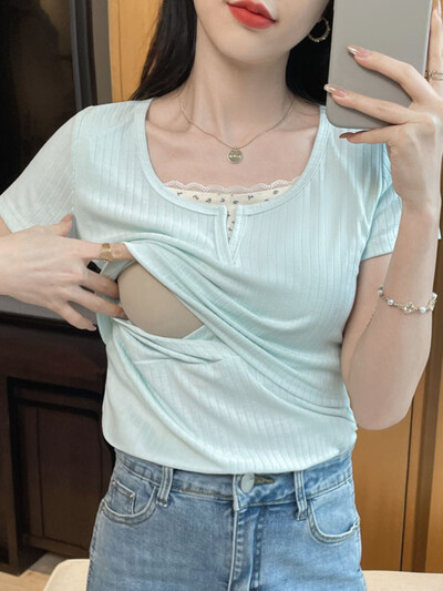 Tricou din bumbac pentru femeie după naștere de vară care alăptează Tricou și tricouri pentru alăptare din două piese din dantelă