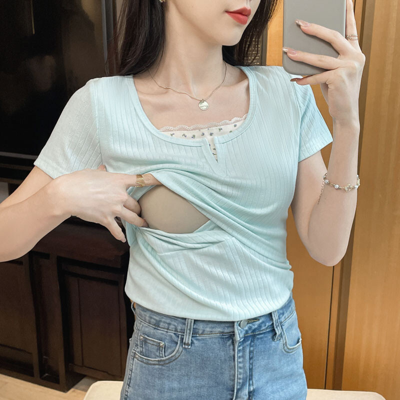 Tricou din bumbac pentru femeie după naștere de vară care alăptează Tricou și tricouri pentru alăptare din două piese din dantelă