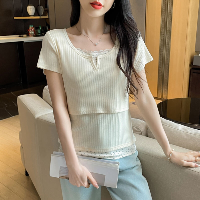 Tricou din bumbac pentru femeie după naștere de vară care alăptează Tricou și tricouri pentru alăptare din două piese din dantelă