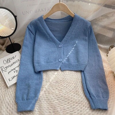 Skraćeni kardigan Ženski tanak jesenski Djevojački Ulzzang nježni V-izrez Ležerna vanjska odjeća Estetska klasična studentska šik odjeća
