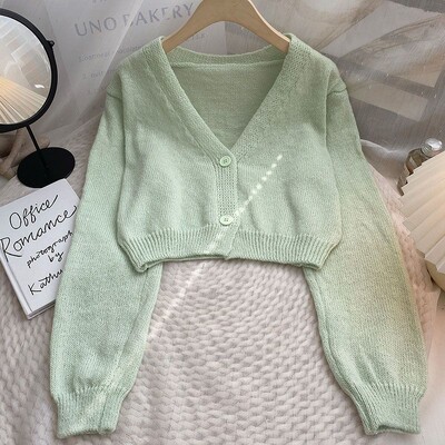 Skraćeni kardigan Ženski tanak jesenski Djevojački Ulzzang nježni V-izrez Ležerna vanjska odjeća Estetska klasična studentska šik odjeća