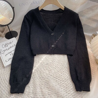 Skraćeni kardigan Ženski tanak jesenski Djevojački Ulzzang nježni V-izrez Ležerna vanjska odjeća Estetska klasična studentska šik odjeća