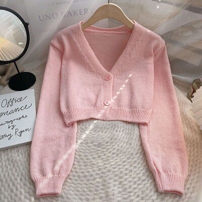 Skraćeni kardigan Ženski tanak jesenski Djevojački Ulzzang nježni V-izrez Ležerna vanjska odjeća Estetska klasična studentska šik odjeća