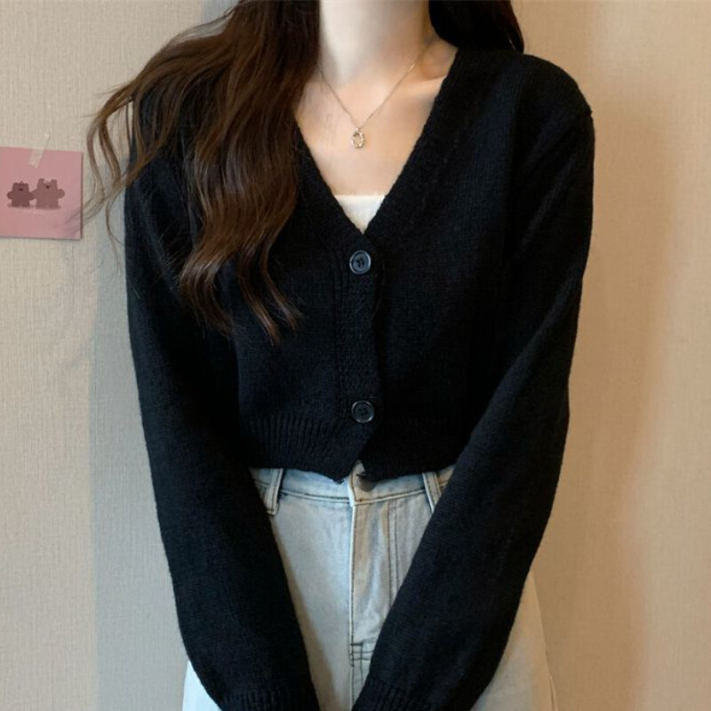 Skraćeni kardigan Ženski tanak jesenski Djevojački Ulzzang nježni V-izrez Ležerna vanjska odjeća Estetska klasična studentska šik odjeća
