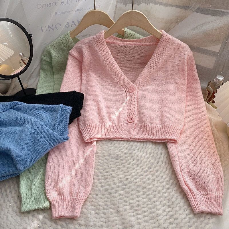 Skraćeni kardigan Ženski tanak jesenski Djevojački Ulzzang nježni V-izrez Ležerna vanjska odjeća Estetska klasična studentska šik odjeća