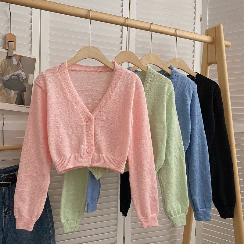 Skraćeni kardigan Ženski tanak jesenski Djevojački Ulzzang nježni V-izrez Ležerna vanjska odjeća Estetska klasična studentska šik odjeća