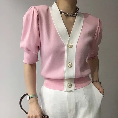 Decolteu în V, jumătate de mânecă, mătase de gheață, haină de tricotat Sueter Mujer Crop roz pulovere Femei Lenes Y2k Cardigan scurt Feminino Pull Femme