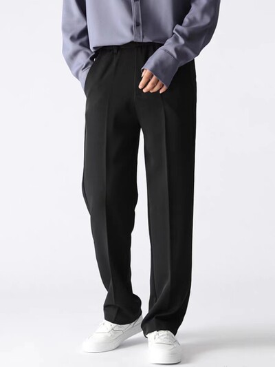 Pantaloni casual de primăvară, toamnă, bărbați, modă coreeană, întinsă din poliester, pantaloni largi, drapați, pantaloni drepți, pantaloni de costum semi-lați pentru bărbați