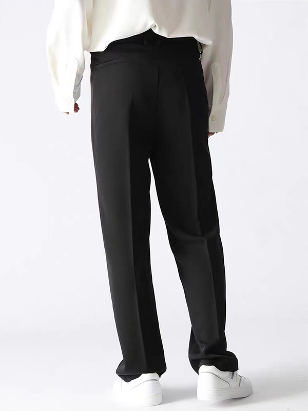 Pantaloni casual de primăvară, toamnă, bărbați, modă coreeană, întinsă din poliester, pantaloni largi, drapați, pantaloni drepți, pantaloni de costum semi-lați pentru bărbați