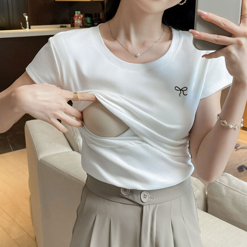 Tricou subțire de vară pentru alăptare pentru maternitate, imprimat la modă, cu gâtul în formă de O, pentru femeie postpartum, tricou din bumbac pentru alăptare, alb, sexy, pentru alăptare