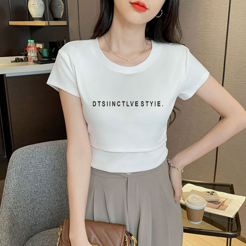 Tricou subțire de vară pentru alăptare pentru maternitate, imprimat la modă, cu gâtul în formă de O, pentru femeie postpartum, tricou din bumbac pentru alăptare, alb, sexy, pentru alăptare